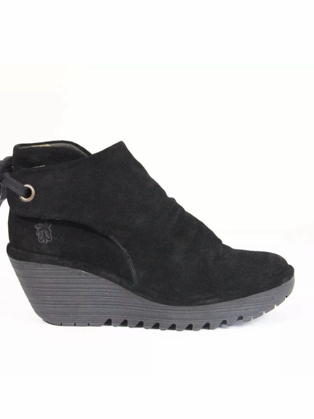 FLY London Yebi Oiled Suede Ruched Wedge Ankle Boots in Black $229 Sz 39 9-9.5